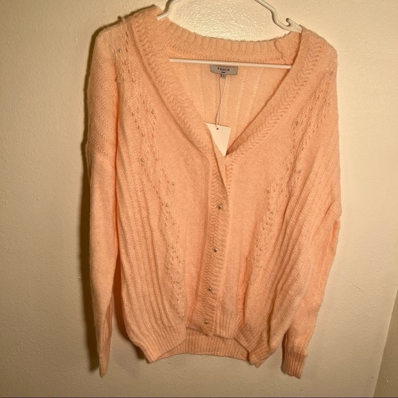 FRNCH Paris V-Neck Pointelle Cardigan Pink Pearl - Picture 3 of 11